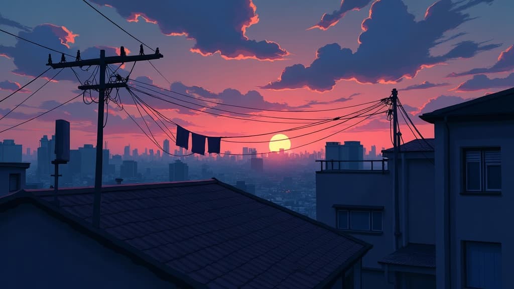 An AI-generated anime key visual of a rooftop at dusk with flat colour fill