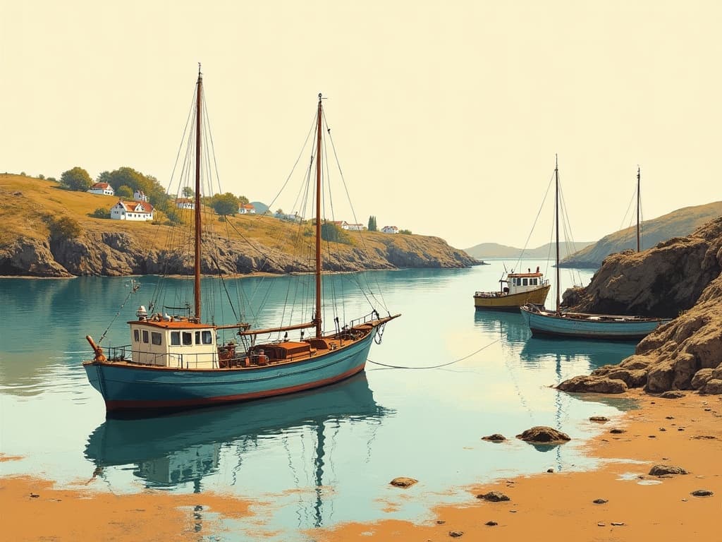 An AI-generated gouache illustration of a harbour with fishing boats at low tide