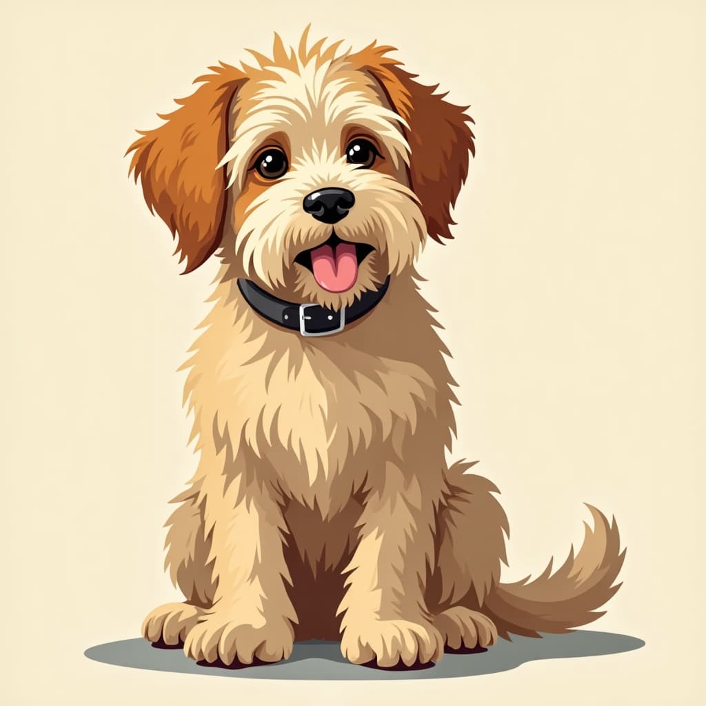 An AI-generated flat vector cartoon of a shaggy dog with uniform outlines