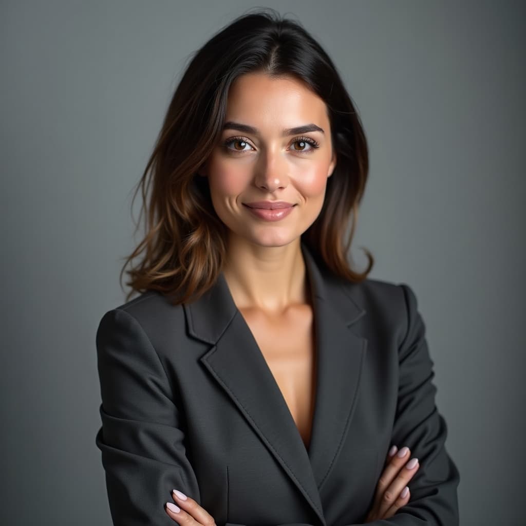 An AI-generated professional headshot of a woman in a charcoal blazer
