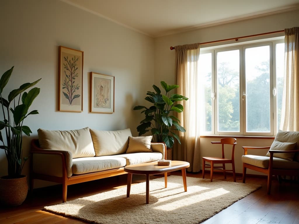 An AI-generated mid-century living room with teak furniture in daylight
