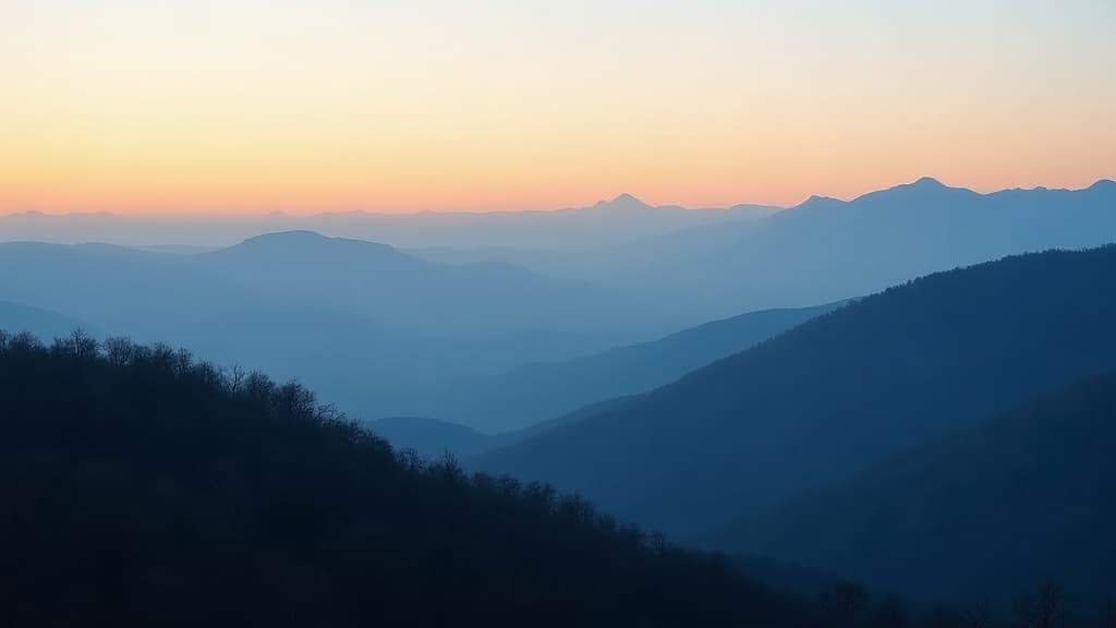 An AI-generated landscape of a ridgeline at last light with valleys in shadow