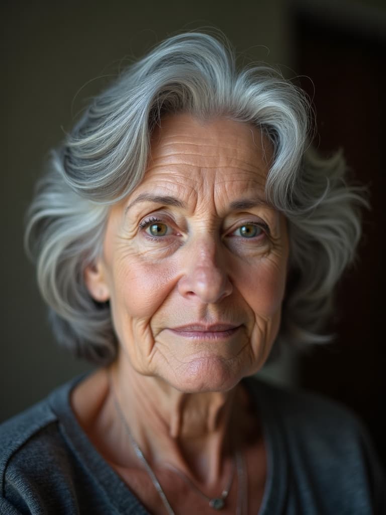 An AI-generated editorial portrait of a woman with close-cropped grey hair