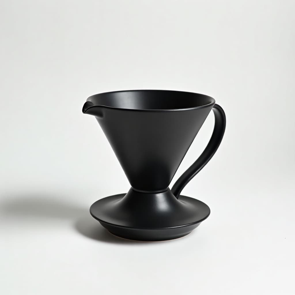 An AI-generated product photograph of a matte black ceramic coffee dripper