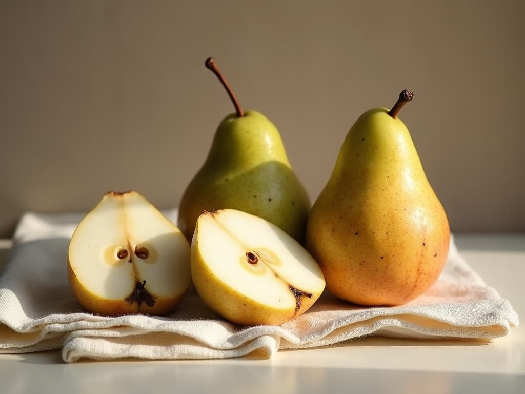 An AI-generated still life of three pears on linen with one cut in half