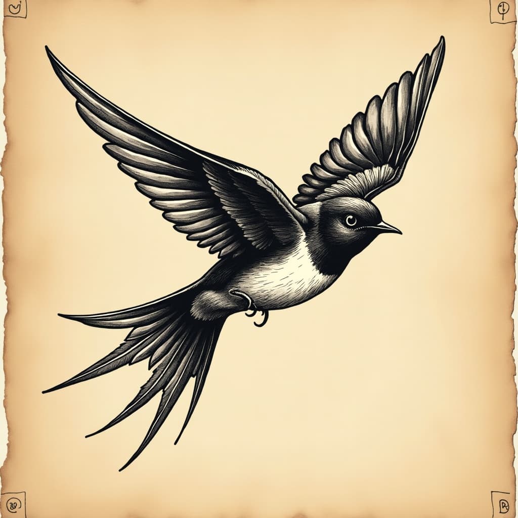 An AI-generated tattoo flash design of a swallow in flight with bold line weight
